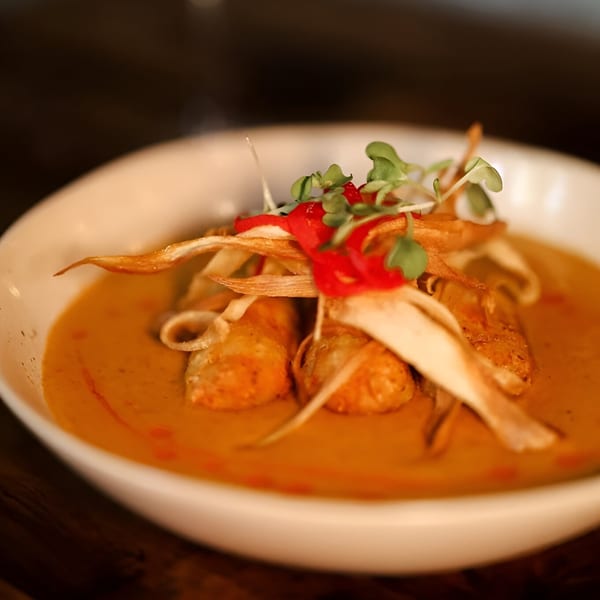 Aamrai Indian Kitchen's dish with two fried rolls in a rich orange sauce, garnished with red peppers and microgreens.